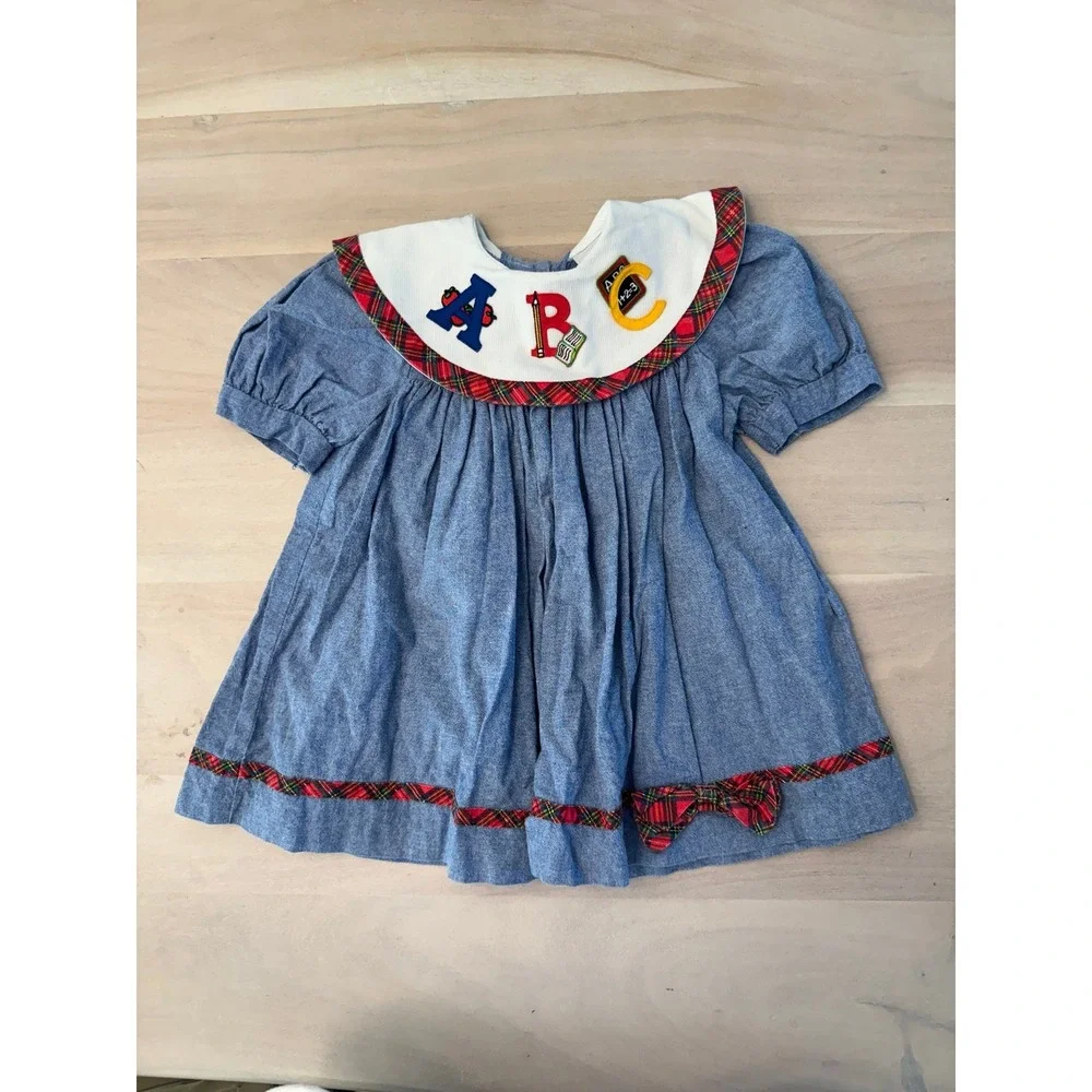 Vintage Girls Chambray Denim Dress ABC School Theme Made in USA 3T